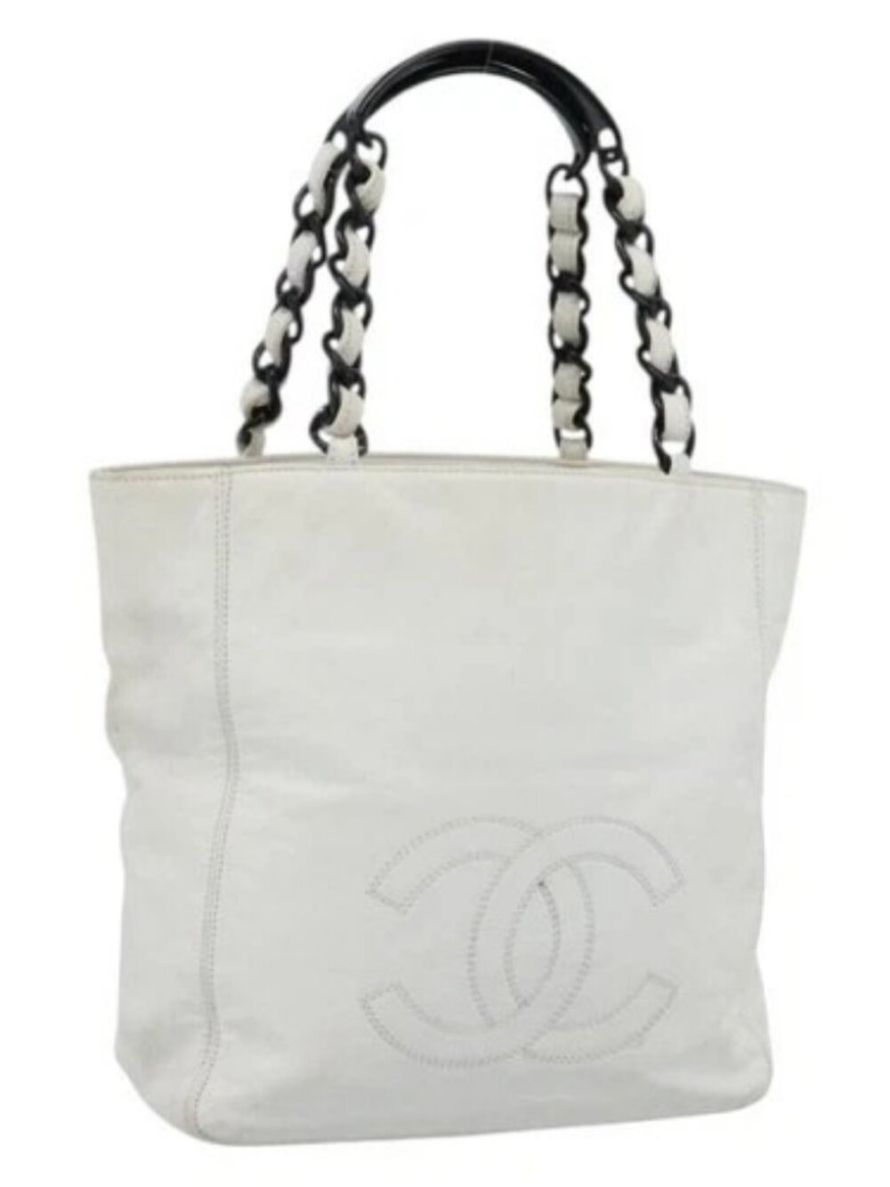 CHANEL Chain Tote Bag Lamb Skin White CC Auth 128237